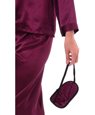 Women's Button Down Satin Pajama Set with Sleep Mask- Long Silky Pjs - Deep Purple - CW115914MPV $63.66 Sets