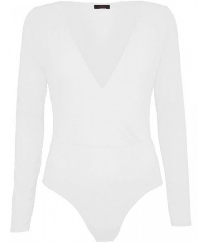 Womens Laser Cut Wrap Over V Neck Stretchy Bodysuit - White - C7127NR2A6Z $15.95 Shapewear