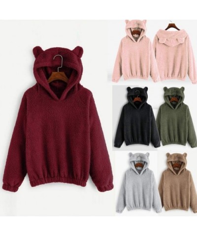 Women's Bear Fuzzy Hoodie Long Sleeve Fleece Sweatshirt Warm Pullover Cropped Top - A-green - CW192ZO65SW $43.81 Thermal Unde...