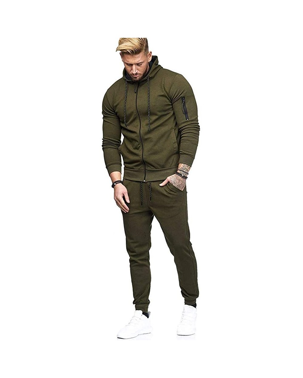 Men's Patchwork Zipper Sweatshirt Top Pants Sets Sports Suit Tracksuit - Army Green - CW18YLGOAXE $49.20 Sleep Sets