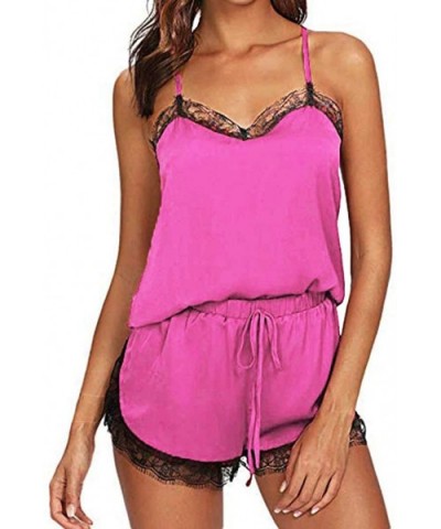 Women Satin Lace Trim Sleeveless Strap Nightwear Sleepwear Cami Top Pajama and Pant Sets - Hot Pink - CL18A8U7ZL2 $11.93 Sets