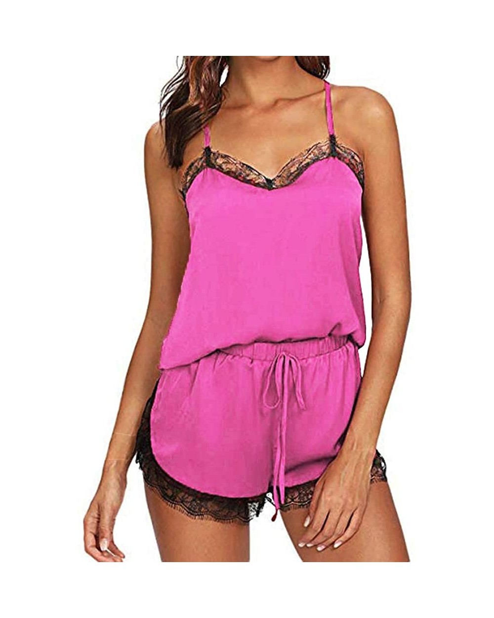 Women Satin Lace Trim Sleeveless Strap Nightwear Sleepwear Cami Top Pajama and Pant Sets - Hot Pink - CL18A8U7ZL2 $11.93 Sets