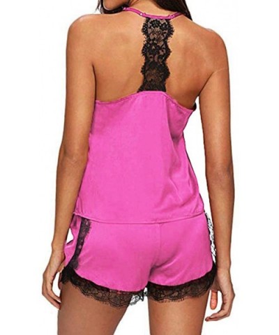 Women Satin Lace Trim Sleeveless Strap Nightwear Sleepwear Cami Top Pajama and Pant Sets - Hot Pink - CL18A8U7ZL2 $11.93 Sets