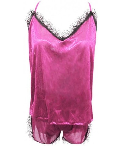 Women Satin Lace Trim Sleeveless Strap Nightwear Sleepwear Cami Top Pajama and Pant Sets - Hot Pink - CL18A8U7ZL2 $11.93 Sets