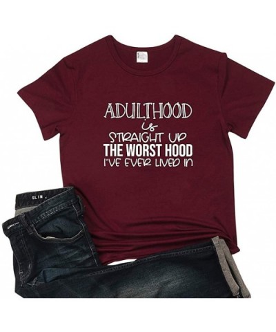 Unisex Short Sleeve Tshirts Funny Letter Print Graphic Blouse Shirts Tee Casual Loose Fit - Wine - CP193SYK8GY $13.94 Shapewear