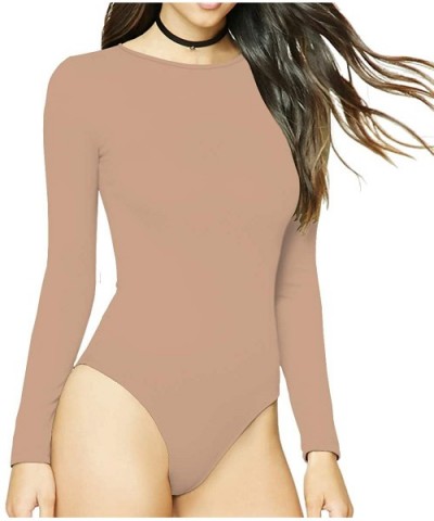 Women's Round Collar Long Sleeve Elastic Bodysuit Jumpsuit - Mocha - CJ18R3Y3YT9 $23.30 Shapewear