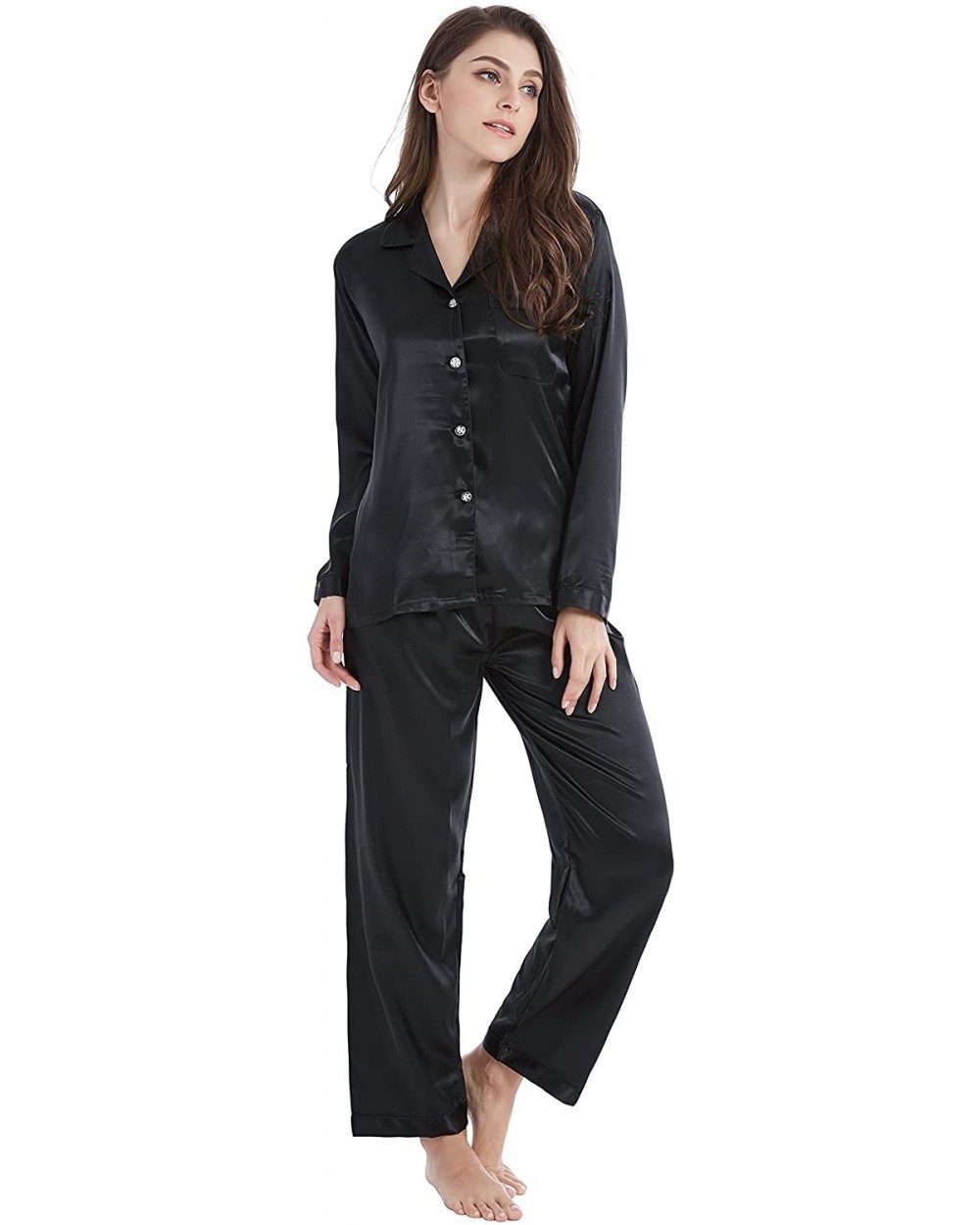 Women's Classic Satin Pajama Set Sleepwear Loungewear - Black - C518ORIMMDL $37.74 Sets