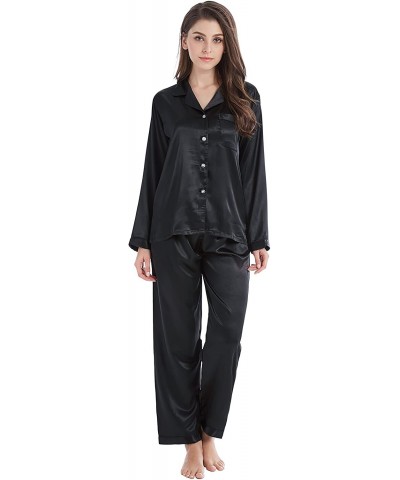 Women's Classic Satin Pajama Set Sleepwear Loungewear - Black - C518ORIMMDL $37.74 Sets