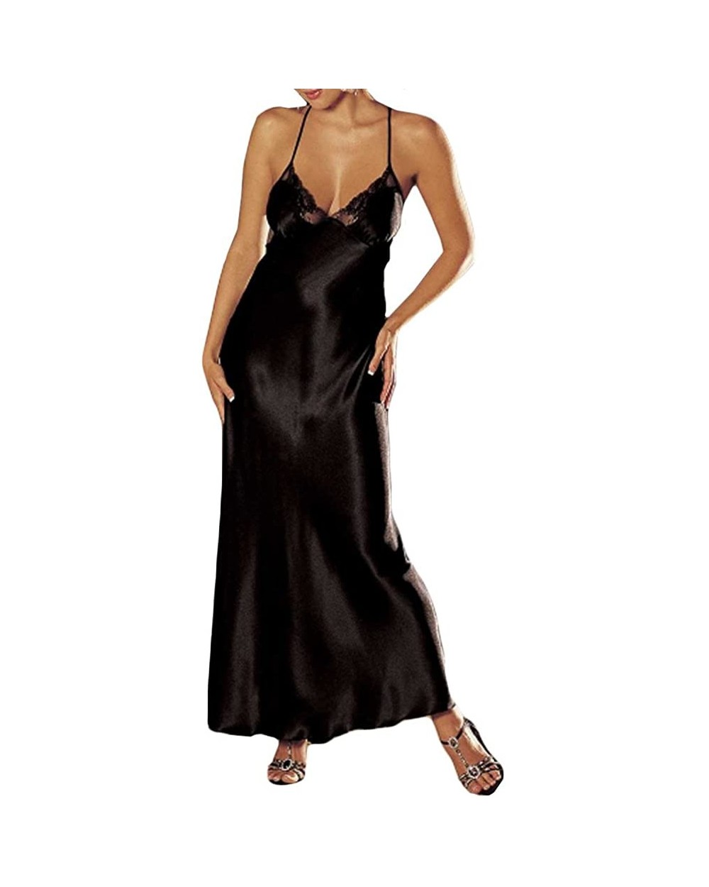 Women V Neck Lingerie Side Slit Long Dress Plus Size Pajamas Nightdress Underwear - Black - C618ED7OZLG $14.45 Sets