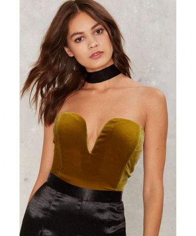 Women's Vintage Bandeau Sweetheart Back Lace Up Velvet Bodysuit Jumpsuit Leotard - Yellow - C91809GZ33I $29.79 Shapewear