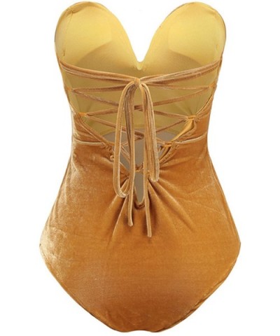 Women's Vintage Bandeau Sweetheart Back Lace Up Velvet Bodysuit Jumpsuit Leotard - Yellow - C91809GZ33I $29.79 Shapewear