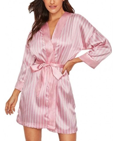 Plus Size Sexy Lingerie Kimono Bathrobe Women Silk Stripe Robe Satin Bathrobe Sleepwear Pajamas Underwear - Pink - CJ190HA6YI...