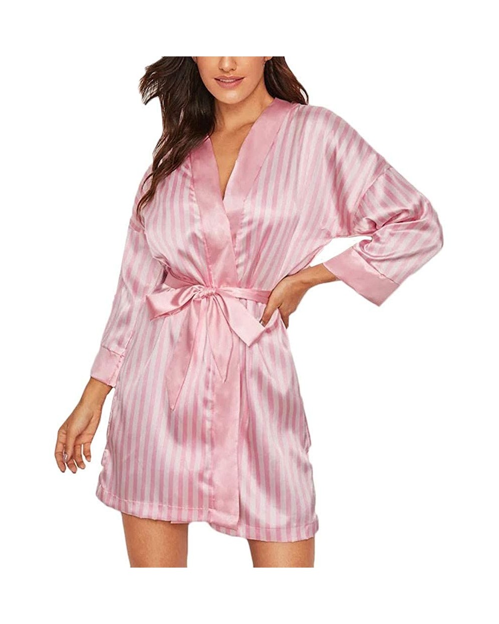 Plus Size Sexy Lingerie Kimono Bathrobe Women Silk Stripe Robe Satin Bathrobe Sleepwear Pajamas Underwear - Pink - CJ190HA6YI...