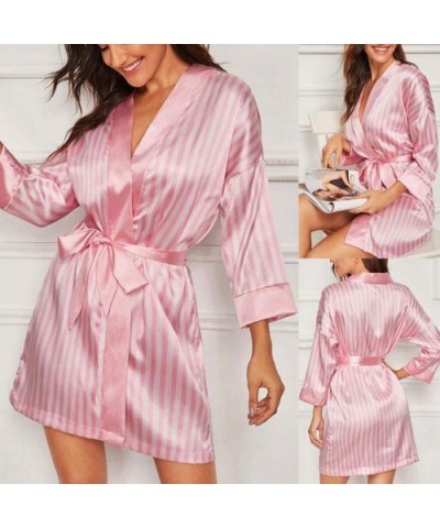 Plus Size Sexy Lingerie Kimono Bathrobe Women Silk Stripe Robe Satin Bathrobe Sleepwear Pajamas Underwear - Pink - CJ190HA6YI...