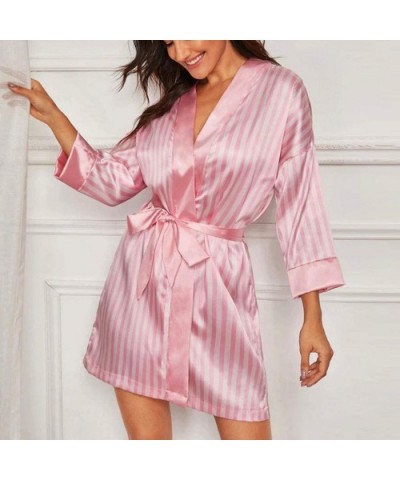 Plus Size Sexy Lingerie Kimono Bathrobe Women Silk Stripe Robe Satin Bathrobe Sleepwear Pajamas Underwear - Pink - CJ190HA6YI...