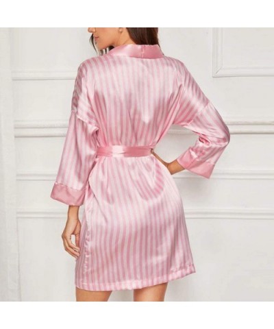 Plus Size Sexy Lingerie Kimono Bathrobe Women Silk Stripe Robe Satin Bathrobe Sleepwear Pajamas Underwear - Pink - CJ190HA6YI...