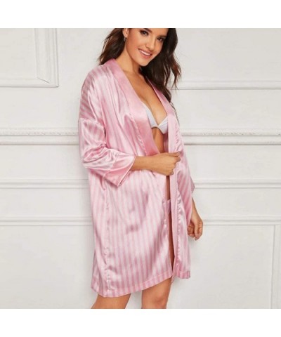 Plus Size Sexy Lingerie Kimono Bathrobe Women Silk Stripe Robe Satin Bathrobe Sleepwear Pajamas Underwear - Pink - CJ190HA6YI...