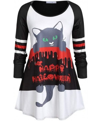 Fashion Cat Print Shirt Women Casual Loose Long Sleeve Halloween O-Neck Tops - Blue - CF18Z9I4CXO $36.16 Thermal Underwear