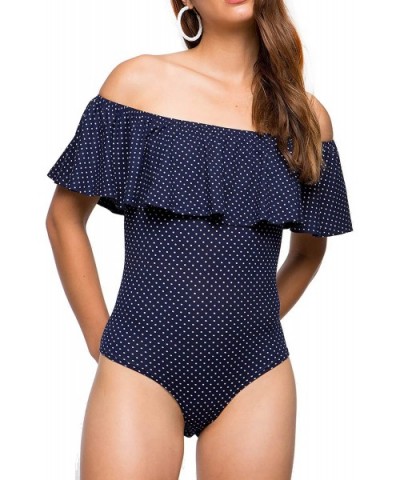 Women's Off Shoulder with Ruffle Overlay Bodysuit - Black Polka Dot - C718WRDIS07 $27.00 Shapewear