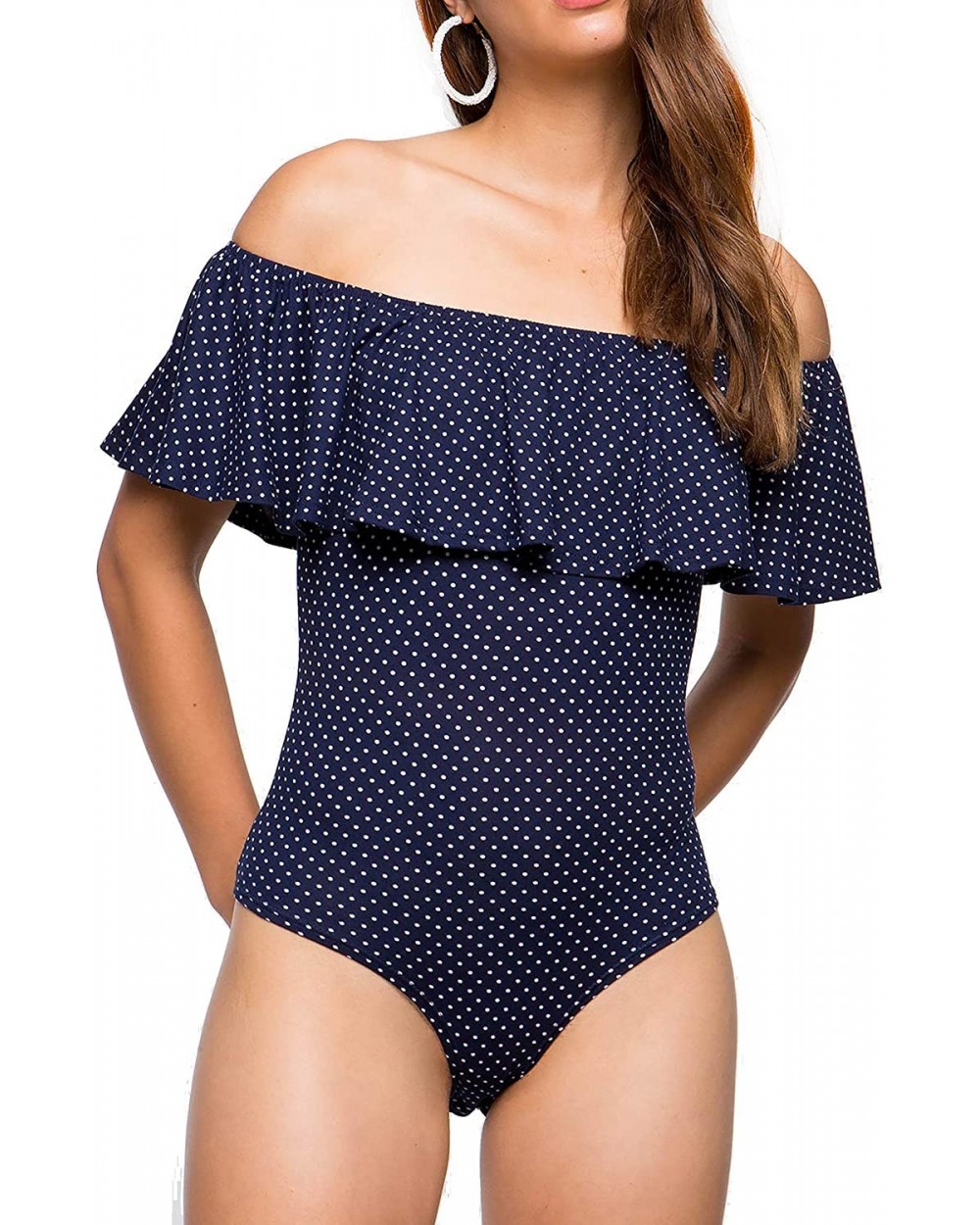 Women's Off Shoulder with Ruffle Overlay Bodysuit - Black Polka Dot - C718WRDIS07 $27.00 Shapewear