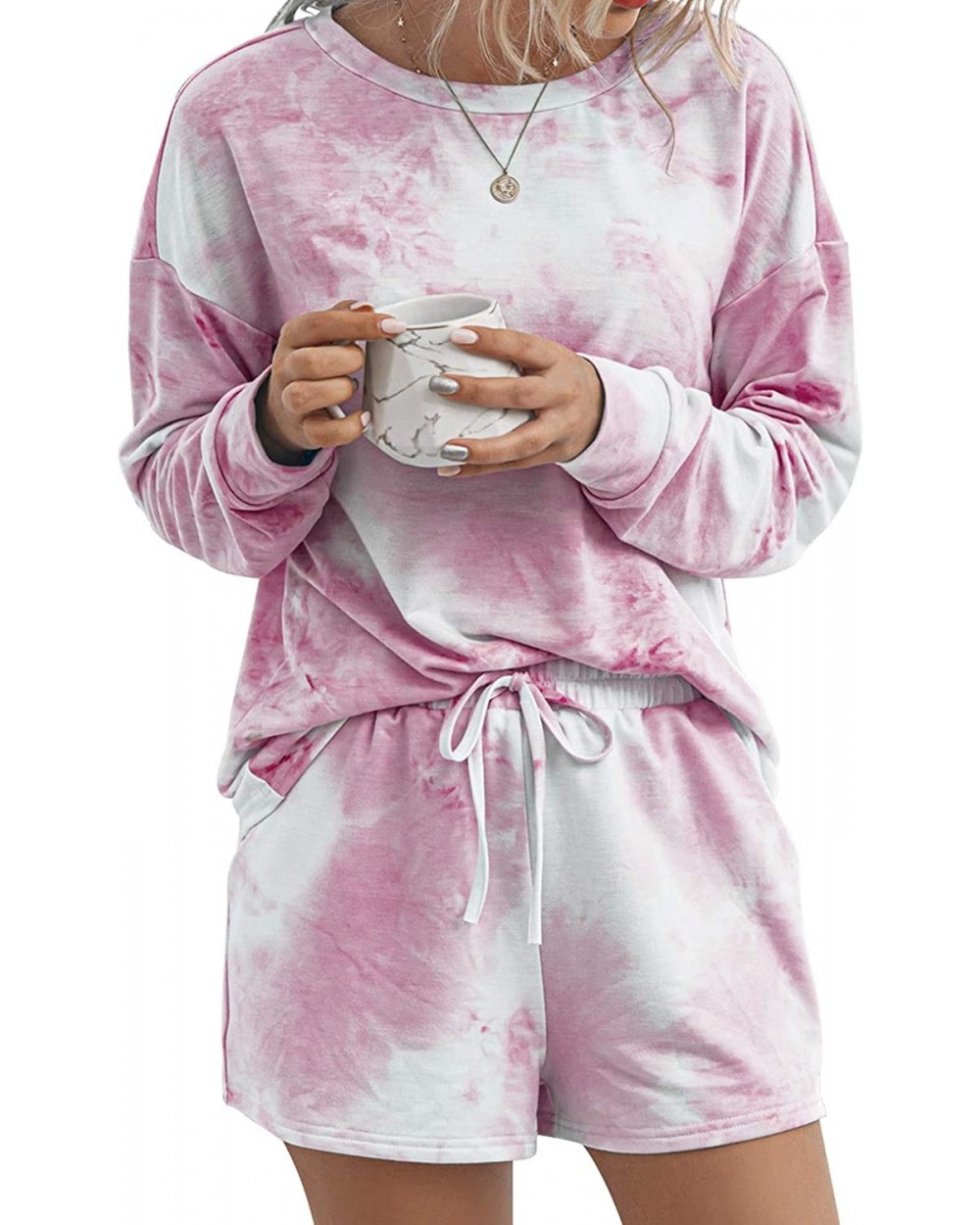 Women 2Pcs Tie Dyed Long Sleeve Shirts and Shorts Loungewear Outfits - Pink - C41908TXOIA $37.92 Sets