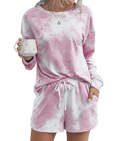 Women 2Pcs Tie Dyed Long Sleeve Shirts and Shorts Loungewear Outfits - Pink - C41908TXOIA $37.92 Sets