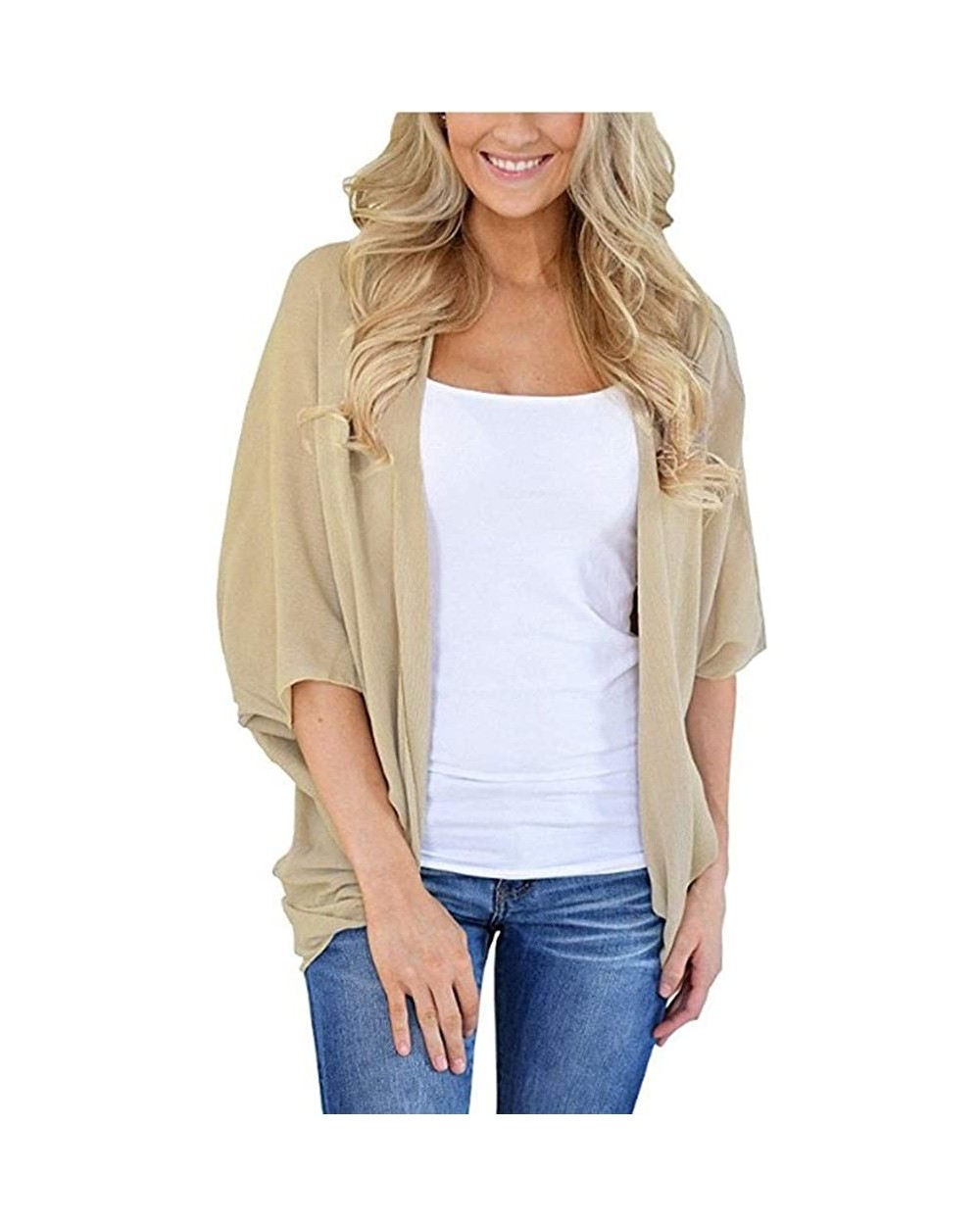 Womens Solid Chiffon Kimono Cardigans Short Sleeve Loose Tops Casual Jacket - Beige - CZ1945DSQ9I $25.46 Bras