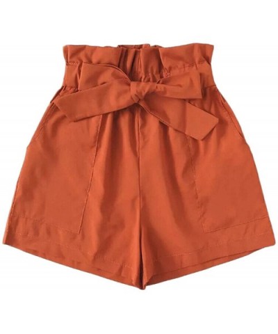 Women's High Waisted Shorts Pure Color Elastic Waist Summer Beach Short with Pockets Belt - Orange - CV19C94ENW5 $15.54 Night...