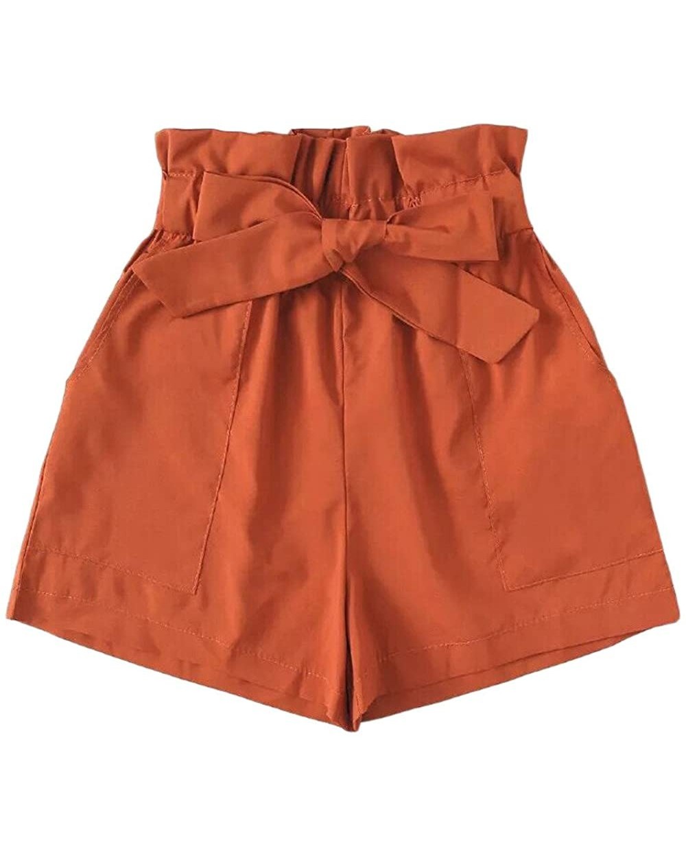 Women's High Waisted Shorts Pure Color Elastic Waist Summer Beach Short with Pockets Belt - Orange - CV19C94ENW5 $15.54 Night...