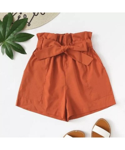 Women's High Waisted Shorts Pure Color Elastic Waist Summer Beach Short with Pockets Belt - Orange - CV19C94ENW5 $15.54 Night...