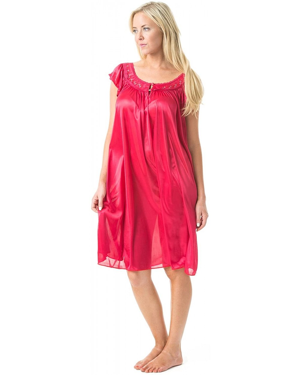 Women's Satin Lightweight Nightgown Embroidered Lace Cap Sleeve - Red - C6120DROGG5 $20.29 Nightgowns & Sleepshirts