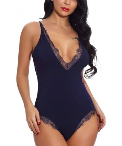 Women Lace Lingerie Underwear Conjoined Pyjamas V Collar Sexy Underwear - Navy - CM18ZW56K4Y $24.30 Slips