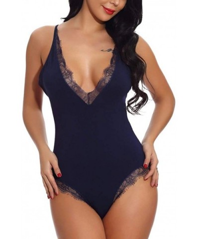 Women Lace Lingerie Underwear Conjoined Pyjamas V Collar Sexy Underwear - Navy - CM18ZW56K4Y $24.30 Slips