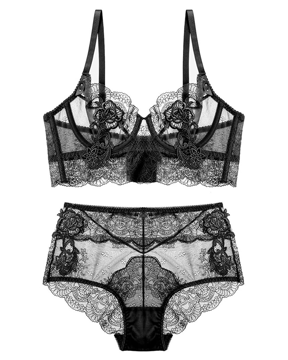 Womens Lingerie Matching Unlined Lace Bra and Panty Set High Waist - Black - CD1848082W7 $36.02 Bras