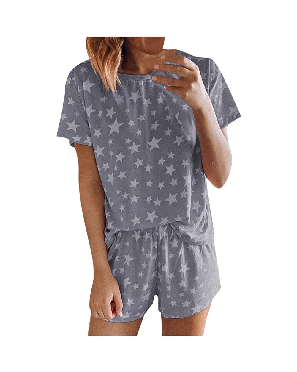 Women Short Pajamas Set Short Sleeve Star Printed Top and Short Sleepwear Lounge Set Nightwear Loungewear - Gray - C8190N8ZTD...