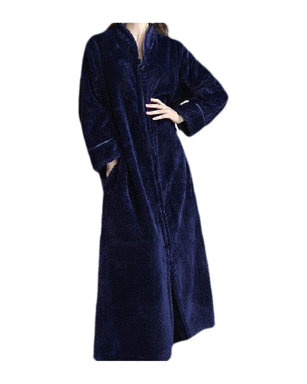 Women Flannel Zip Up Full Length Thick Bath Robes - Navy Blue - CR18A8Y5OC6 $67.31 Robes