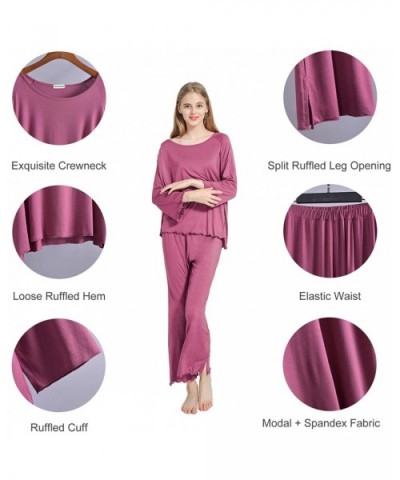 Womens Pajamas Set Long Sleeve Sleepwear Breathable 2 Piece Soft Modal Loungewear Nightwear Shirt&Pants Pjs A ink Blue - CA19...