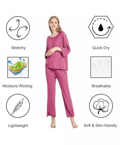 Womens Pajamas Set Long Sleeve Sleepwear Breathable 2 Piece Soft Modal Loungewear Nightwear Shirt&Pants Pjs A ink Blue - CA19...