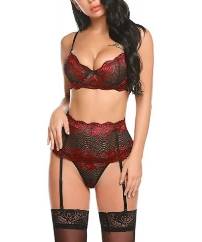 Women Lingerie Set with Garter Belts Sexy Bra and Panty Underwire Lingerie Sets - Red - CO18X8QE4DM $29.70 Garters & Garter B...