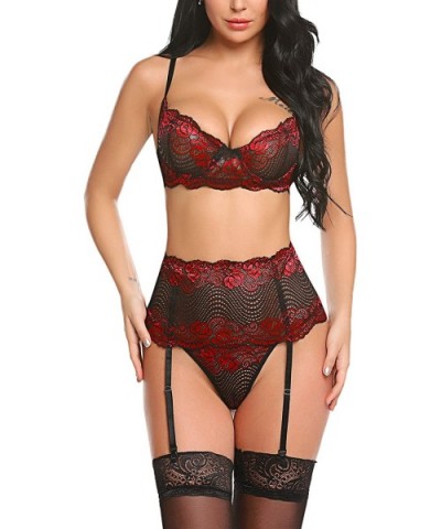 Women Lingerie Set with Garter Belts Sexy Bra and Panty Underwire Lingerie Sets - Red - CO18X8QE4DM $29.70 Garters & Garter B...