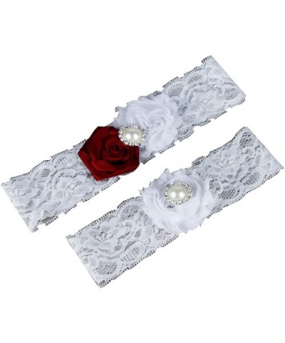 Women's 2-piece Rosette Flowers Lace Garters White/dkred - CE125TPR0PF $14.85 Garters & Garter Belts