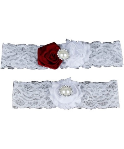 Women's 2-piece Rosette Flowers Lace Garters White/dkred - CE125TPR0PF $14.85 Garters & Garter Belts