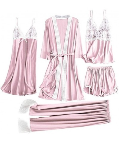 Womens Lingerie Sexy Satin Pajamas Set 5pcs Nightgown Chemise with Robe Set Sexy Lace Nightwear Home Clothes - B-pink (5 Pcs)...