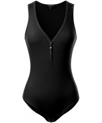 Women's Button Trim V-Neck Sleeveless Body-con Jumpsuit Bodysuit - Black - CO18ORTEC76 $18.96 Shapewear