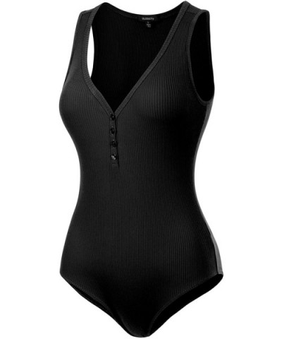 Women's Button Trim V-Neck Sleeveless Body-con Jumpsuit Bodysuit - Black - CO18ORTEC76 $18.96 Shapewear