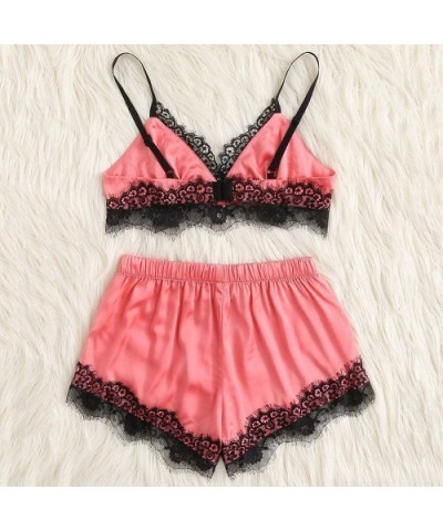 Women Satin Pajama Set PJ Bra and Shorts Set Sexy Nightwear Lingerie Set - Watermelon Red - CB18S93KC3G $16.37 Sets