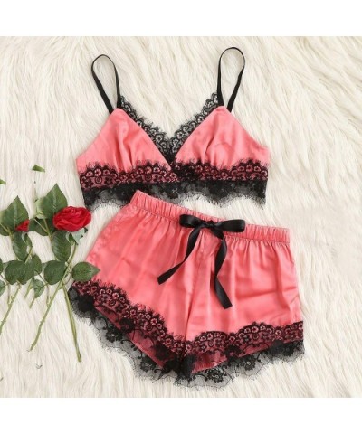 Women Satin Pajama Set PJ Bra and Shorts Set Sexy Nightwear Lingerie Set - Watermelon Red - CB18S93KC3G $16.37 Sets