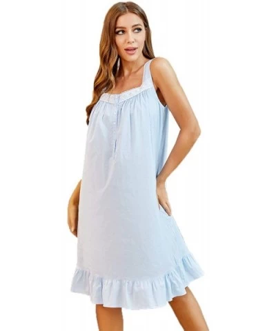 Womens Comfy Cotton Embroidered Nightshirt Sleeveless Victorian Sleepwear Lightweight Nightgowns Sleep Dress Blue - C11942GEI...