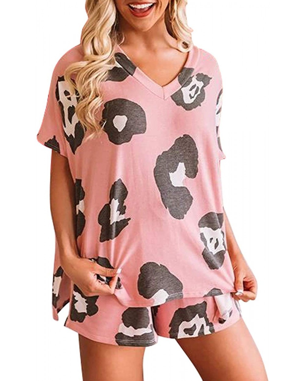 Womens Cute Summer Short Sleeve Lip/Ombre Print V Neck Pajamas Set Pjs Sets Loungewear Sleepwear Shorts Sets A Pink - C7197Y2...