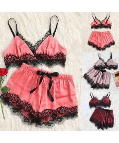 Women Satin Pajama Set PJ Bra and Shorts Set Sexy Nightwear Lingerie Set - Watermelon Red - CB18S93KC3G $16.37 Sets